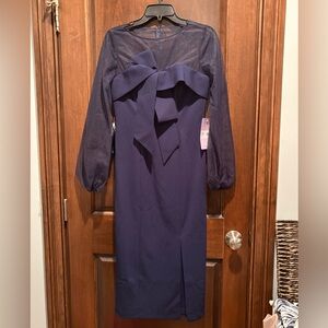 Elegant Navy Blue Dress with Sheer Sleeves